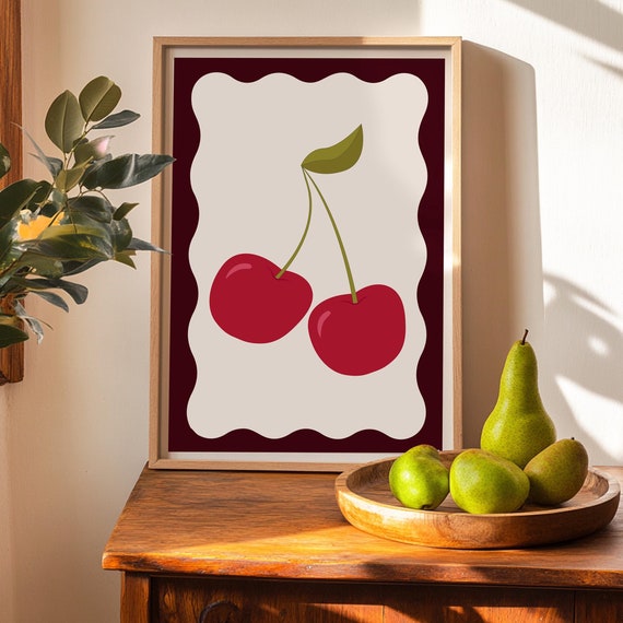 Cherry Wall Art Print Wavy Maximalist Kitchen Trendy Cherries Poster For Dorm Room Retro