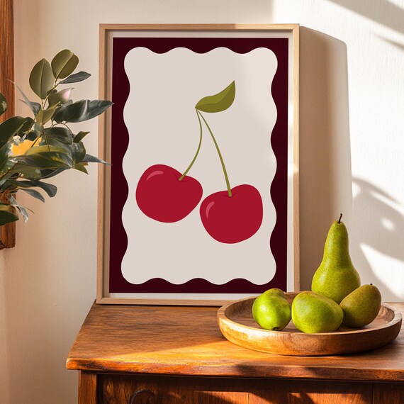 Playful Red Cherry Fruit Kitchen Retro Maximalist Wall Art Decor