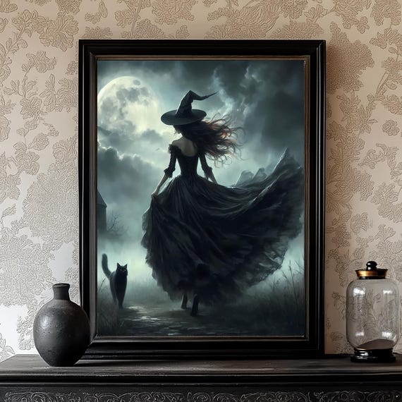 Witch with Black Cat Walking Under the Full Moon Gothic Art Poster