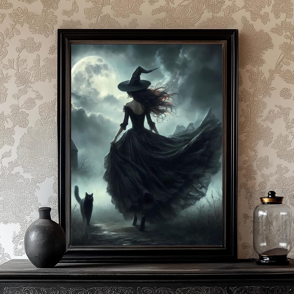 Witch with Black Cat Walking Under the Full Moon Gothic Art Poster