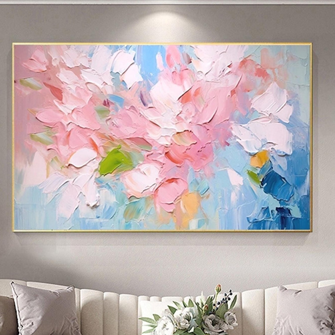 Pink Blossom Cluster Sky Blue Panoramic Soft Floral Wall Art