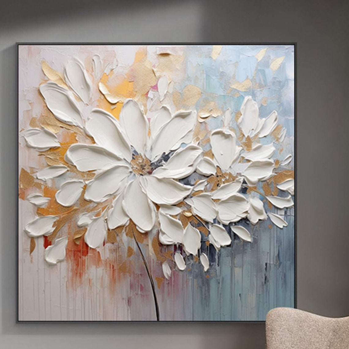 Giant White Daisy Gold Beige Abstract Modern Square Wall Art