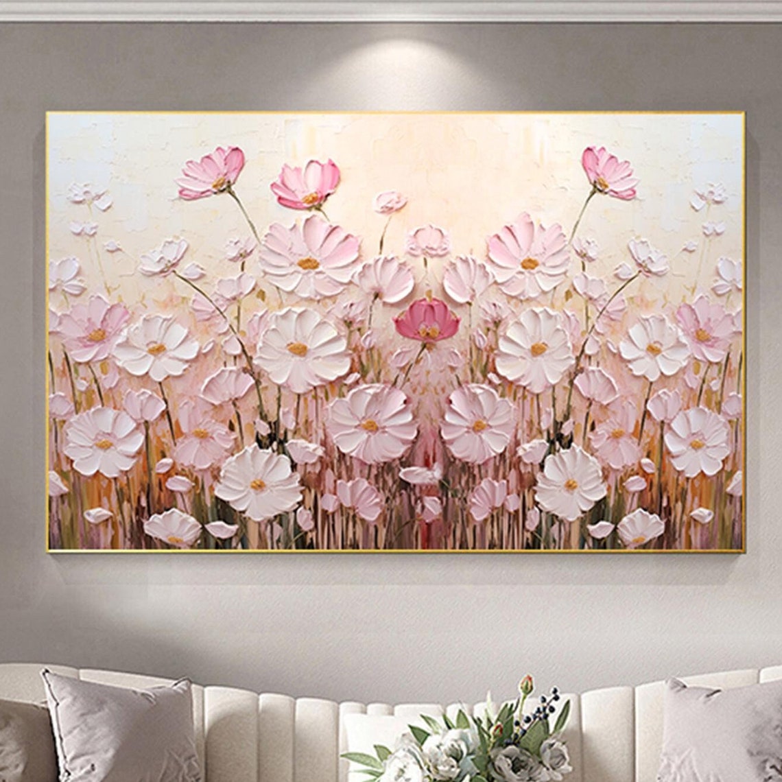 Pink Cosmos Field Cream Background Panoramic Floral Meadow Wall Art