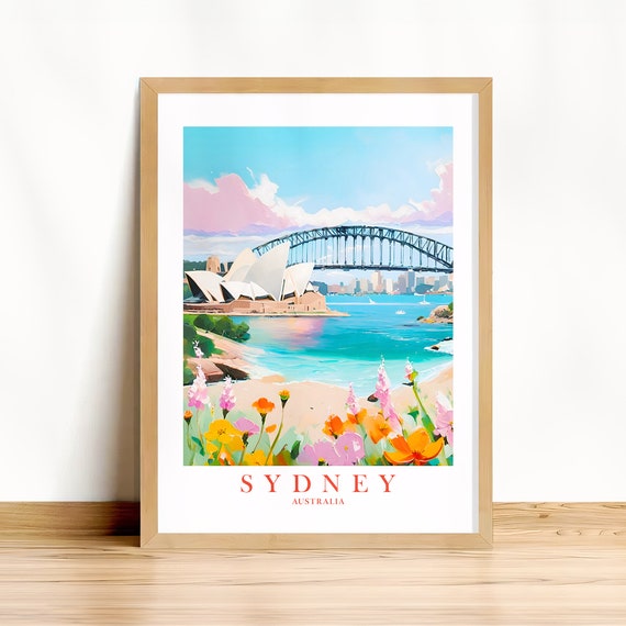 Sydney Travel Print Australia Souvenir Gift Coastal Teal Orange Pink Wall Art Au Retro Landscape Poster