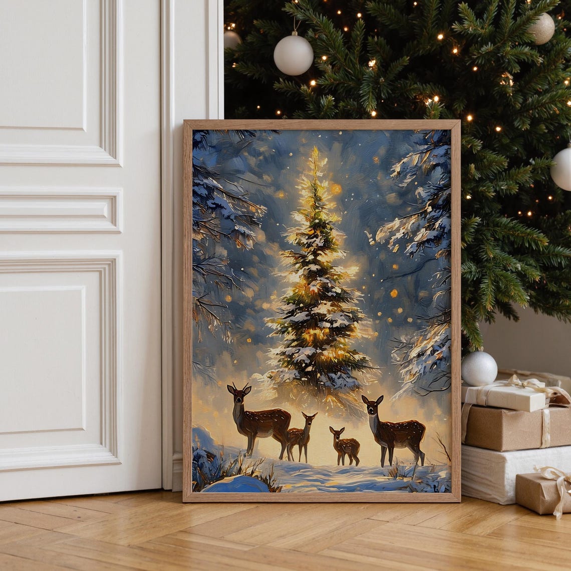 Glowing Christmas Tree With Deer Family Snowy Vintage Forest Poster