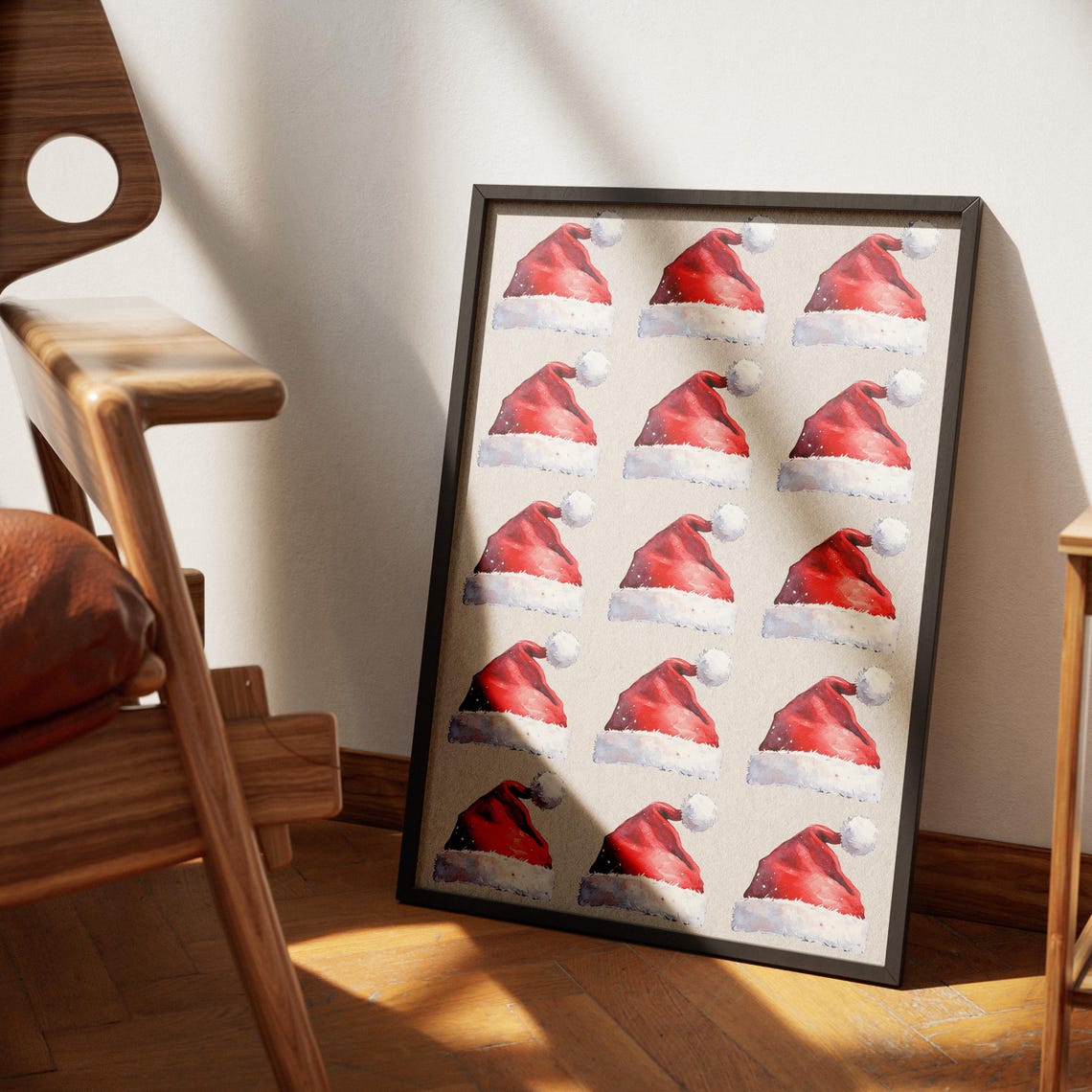 Watercolor Santa Hats Repeating Christmas Pattern Holiday Wall Art - Image 3