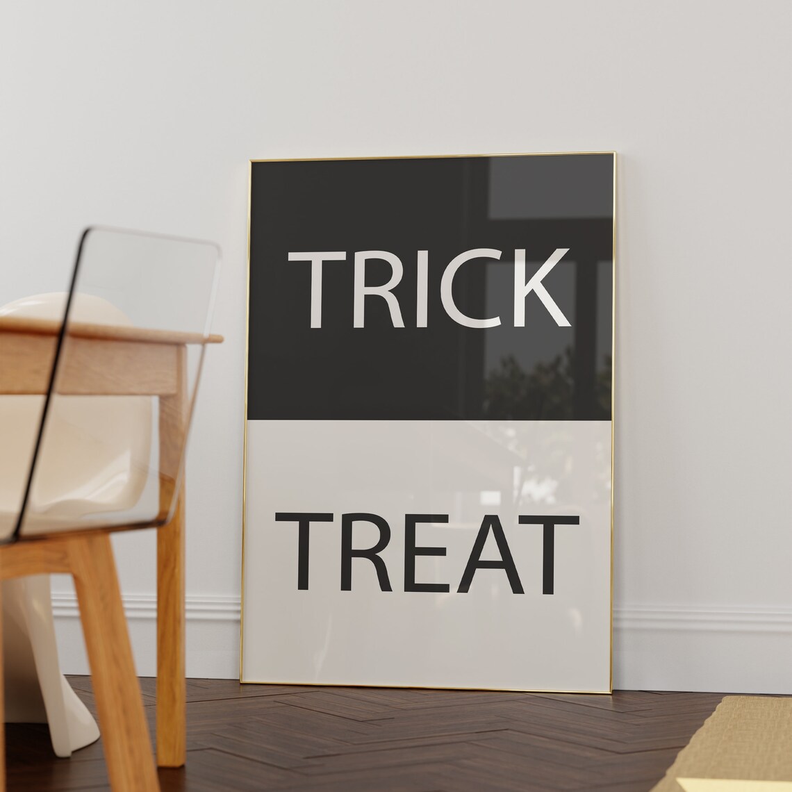 Trick Treat Minimalist Black White Split Halloween Typography Poster