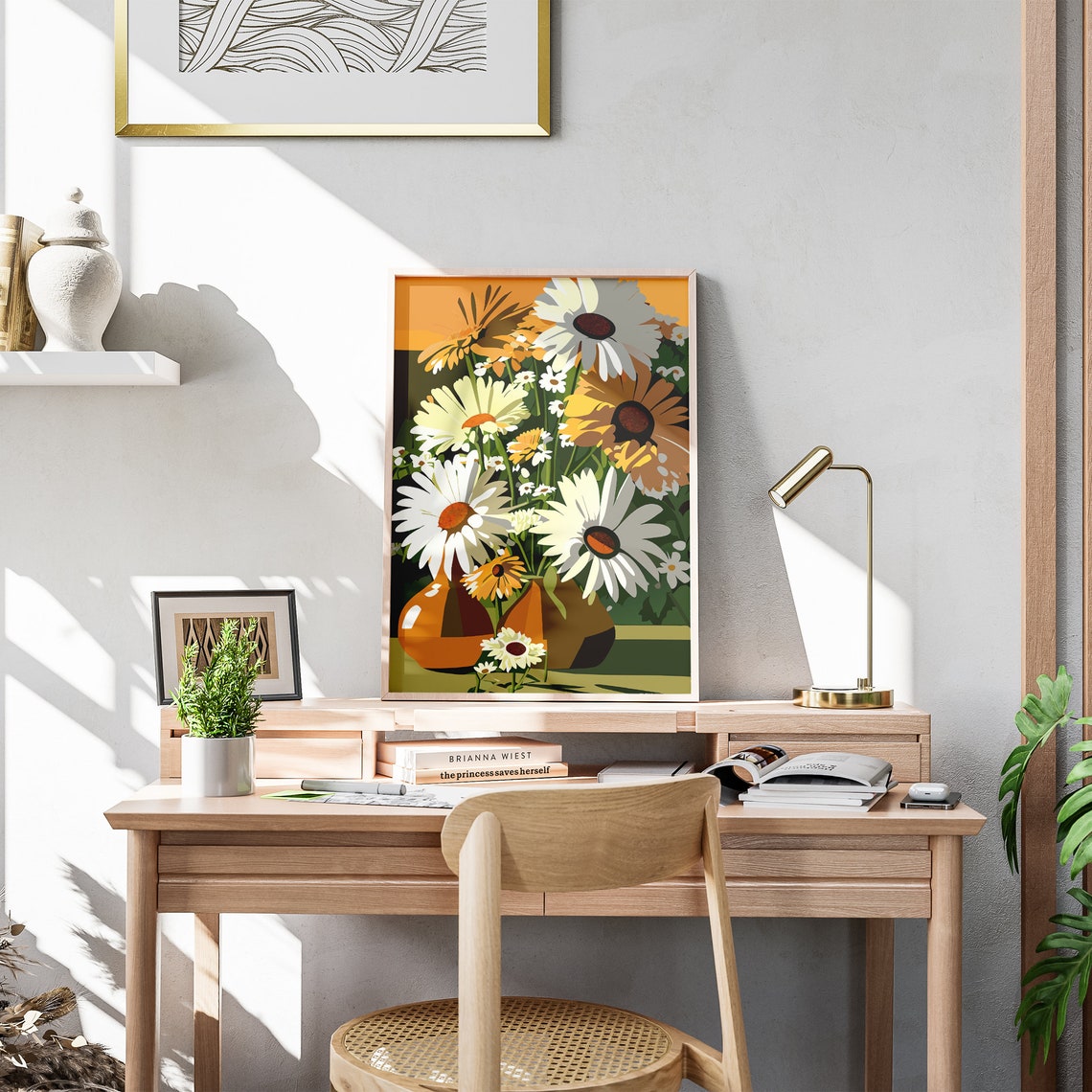 Warm Sunset Daisies In Amber Vase Retro Floral Illustration Poster - Image 3