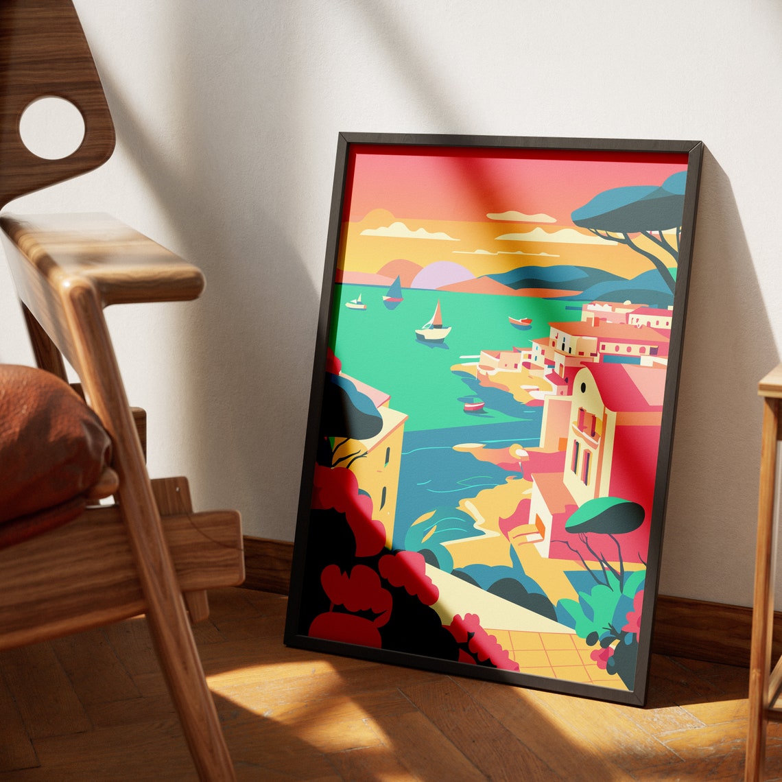 Mediterranean Coast Pink Sunset Sailboats Illustration Poster - Image 4