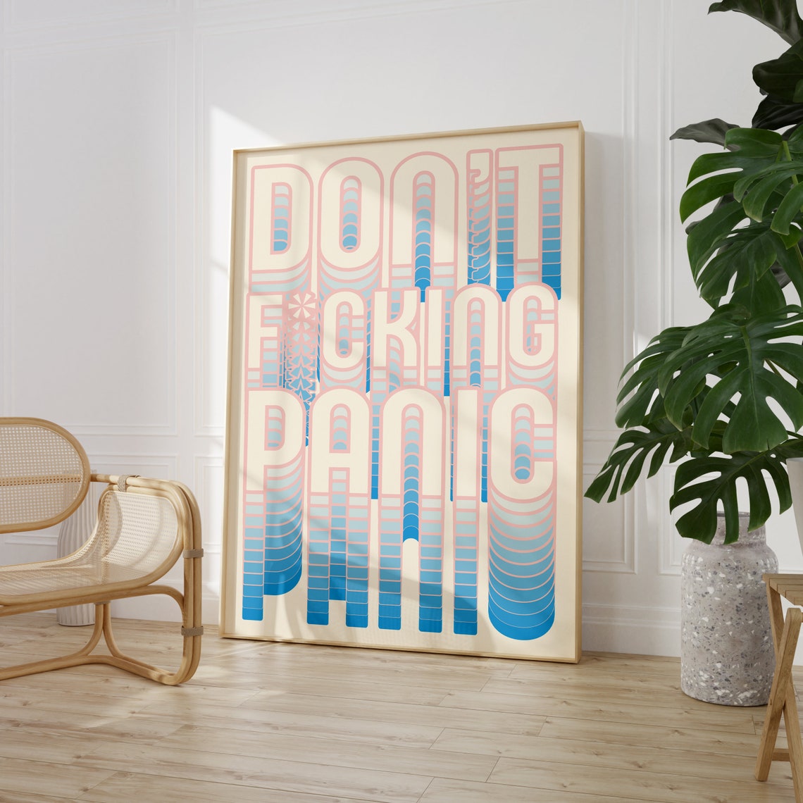 Dont Panic Retro Gradient Blue Pink Swear Quote Typographic Poster