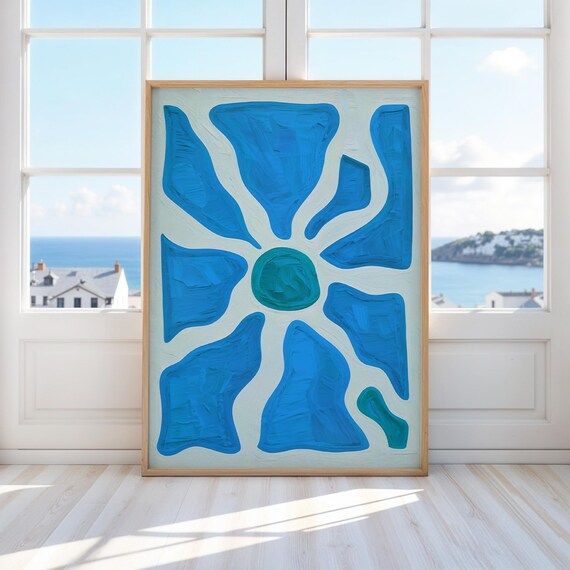 Bold Blue Abstract Flower Textured Modern Impasto Wall Poster