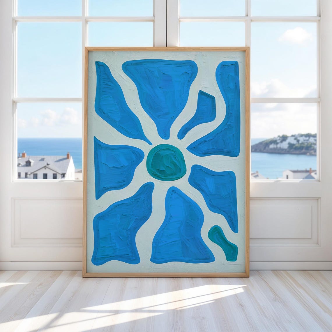 Bold Blue Abstract Flower Textured Modern Impasto Wall Poster