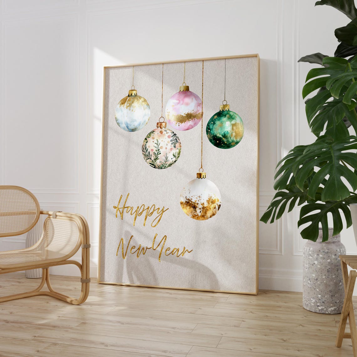 Happy New Year Pastel Ornaments Gold Script Holiday Wall Poster - Image 9