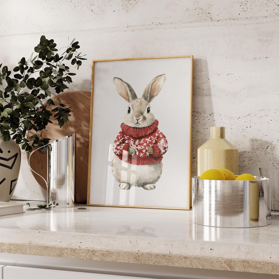 Watercolor Bunny In Red Christmas Sweater Snowflake Holiday Poster