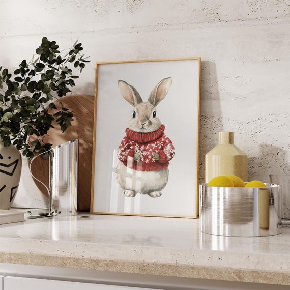 Watercolor Rabbit In Red Sweater Christmas Poster Xmas Print Merry Home Decor Animal Prints Pet Portrait
