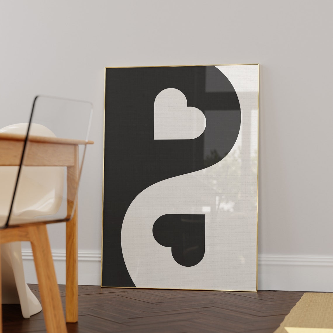 Yin And Yang Love Black White Heart Balance Minimalist Art Poster - Image 2
