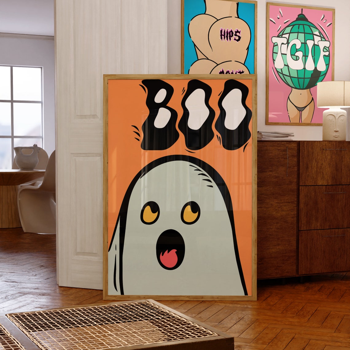 Boo Cute Ghost Halloween Spooky Orange Cartoon Character Art Poster - Image 3
