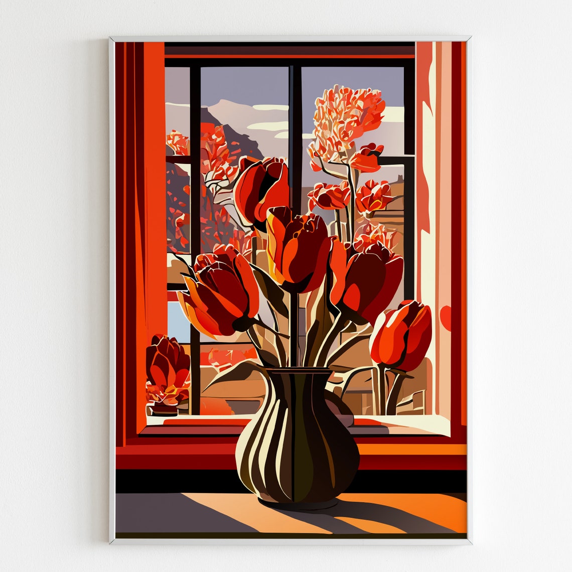 Red Tulips In A Vase Warm Window Light Floral Illustration Poster