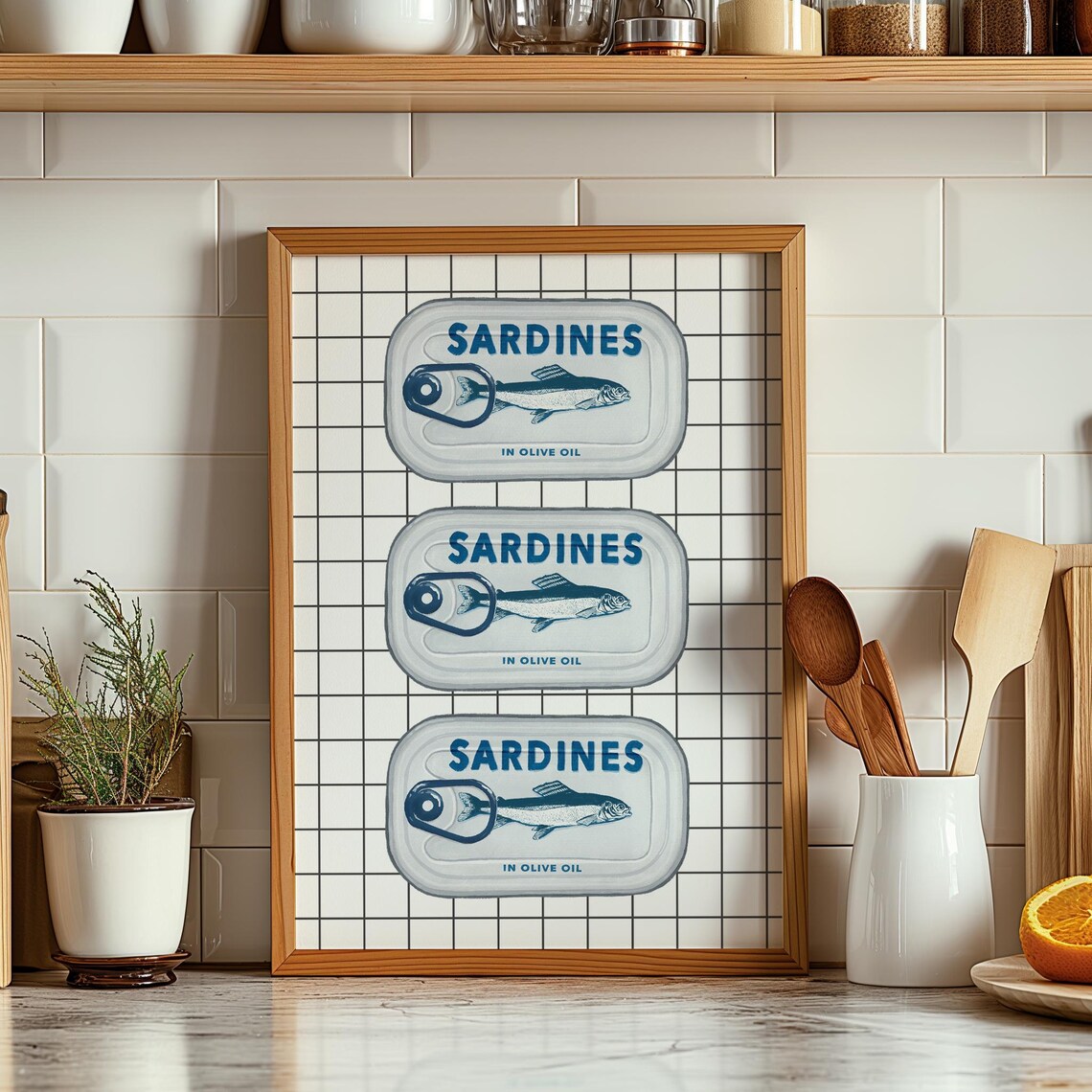 Vintage Sardines In Olive Oil Tins Blue Retro Kitchen Art Poster