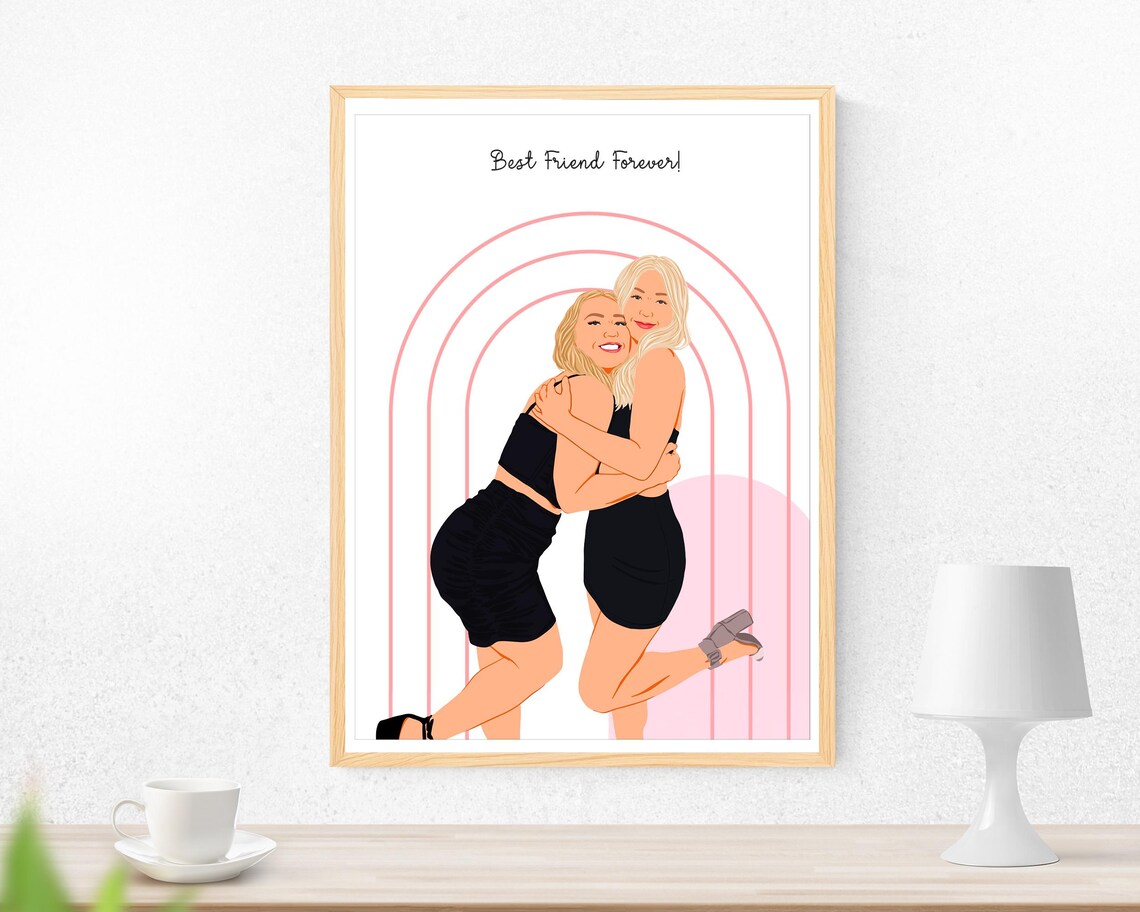 Best Friend Forever Custom Portrait Two Girls Hugging Rainbow Gift Poster