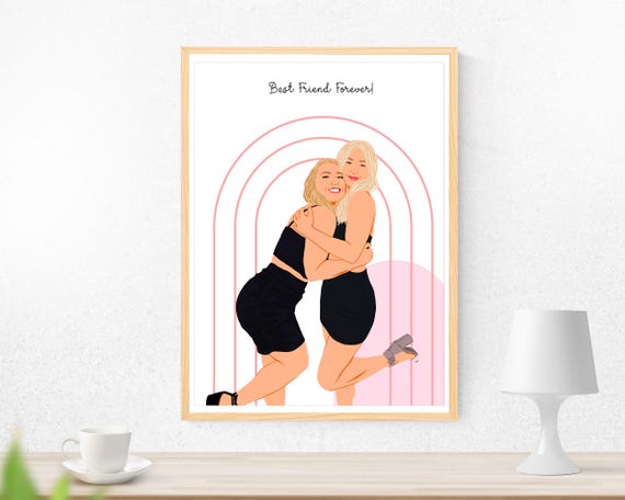 Best Friend Forever Custom Portrait Two Girls Hugging Rainbow Gift Poster