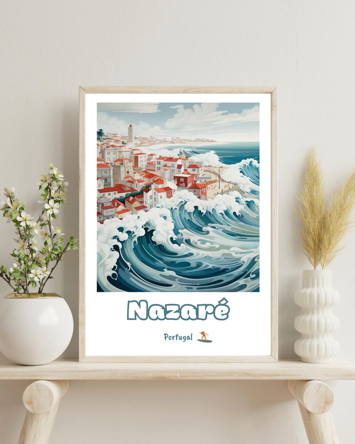 Nazare Portugal Travel Poster, Waves Art