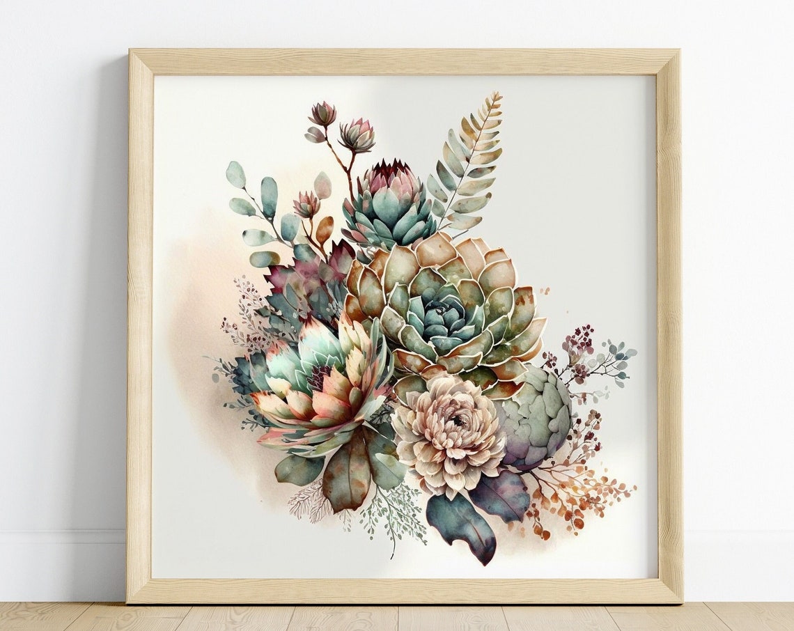 Warm Neutral Succulent Arrangement Watercolor Botanical Art Print