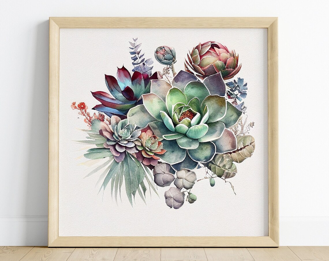 Jewel Tone Succulent Arrangement Dark Watercolor Botanical Art Print