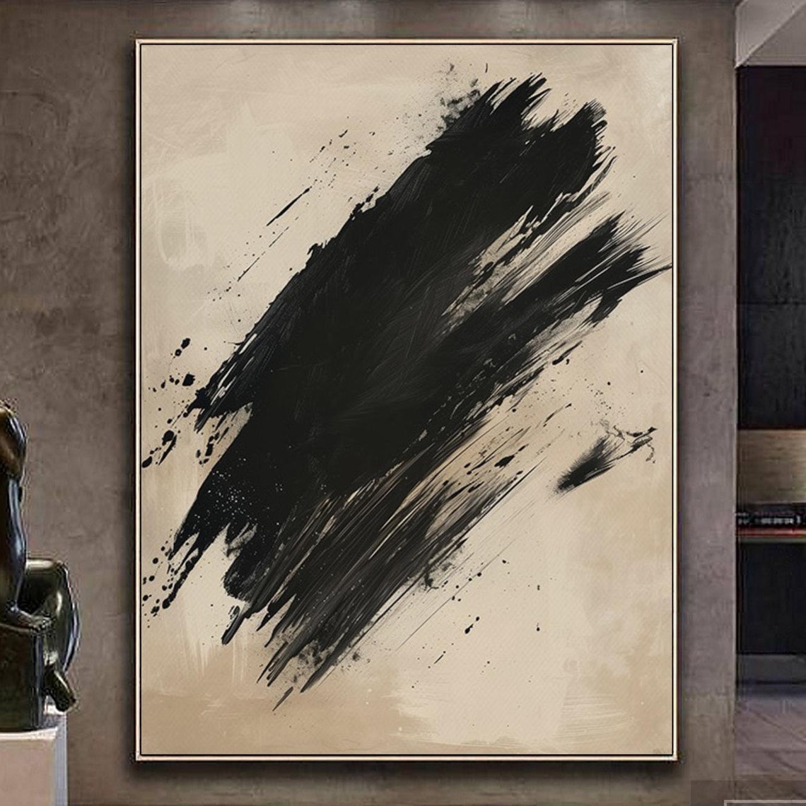 Bold Diagonal Black Brushstrokes on Warm Beige Abstract Poster