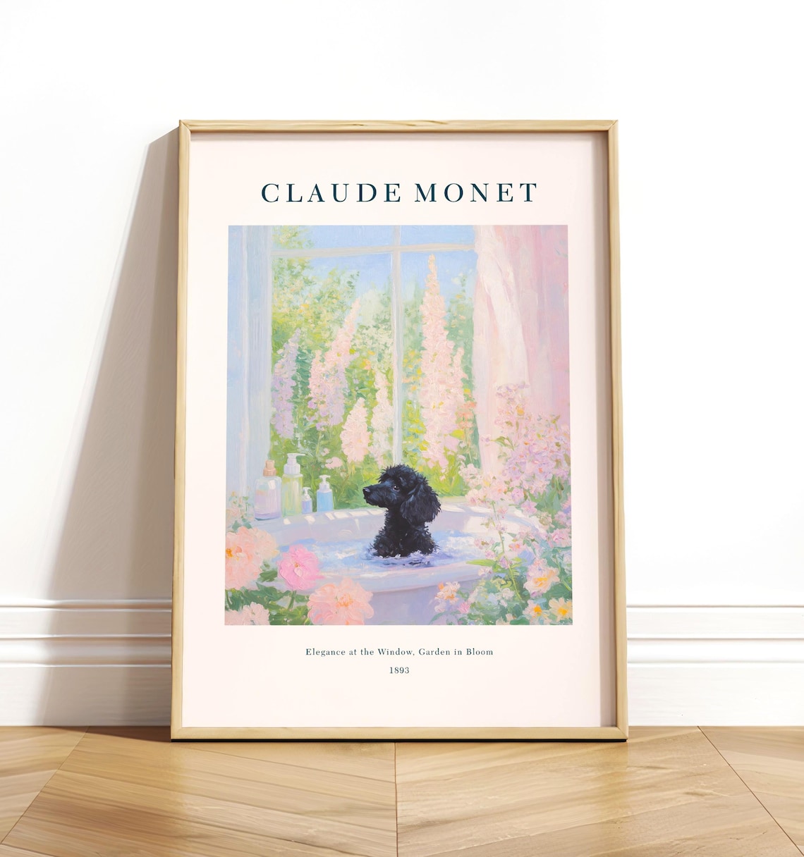 Black Poodle in Bathtub, Monet-Style Bathroom Art Print