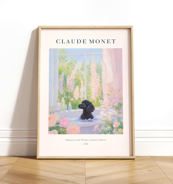 Black Poodle in Bathtub, Monet-Style Bathroom Art Print