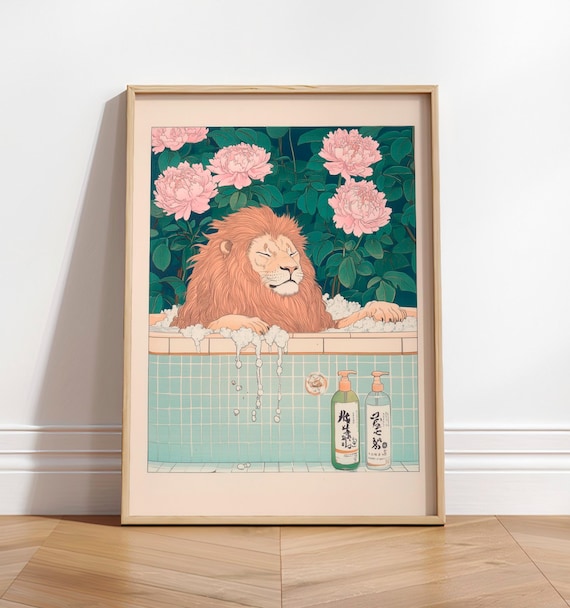 Lion In Bathtub Art Print Japandi Ukiyoe Bathroom Wall Decor