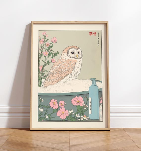 Owl in Bathtub Japandi Bathroom Decor Art Print