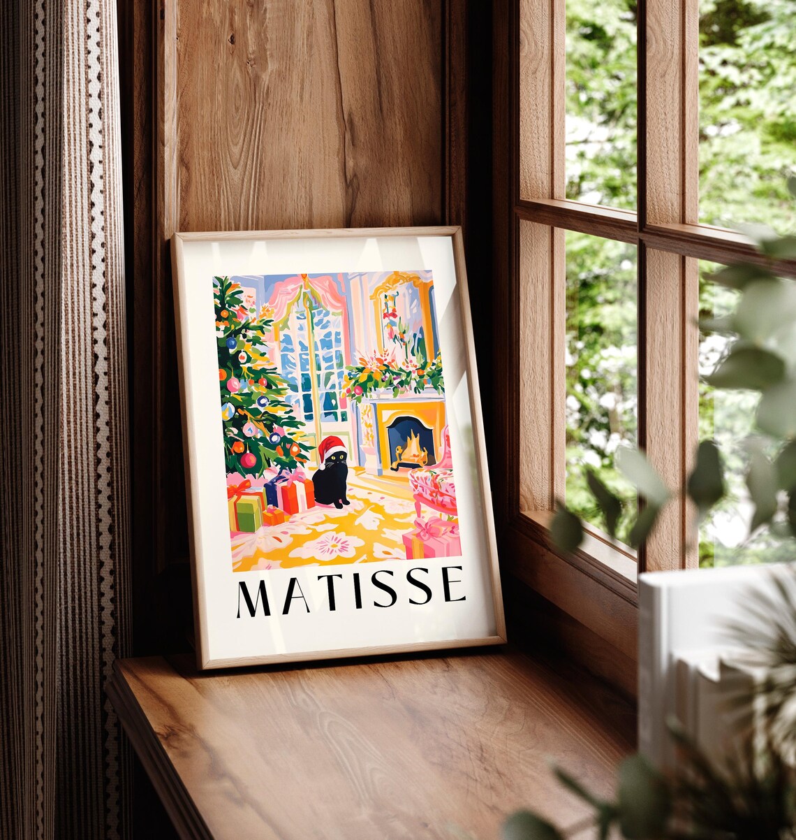 Black Cat In Santa Hat, Matisse-Inspired Christmas Print - Image 5