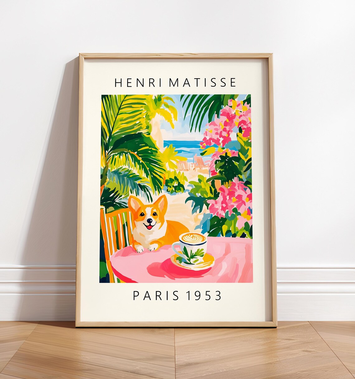 Corgi Coffee Matisse-Style Pink Kitchen Art Print