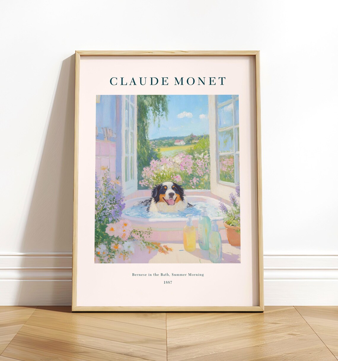Bernese Mountain Dog Monet-Style Floral Bathroom Poster
