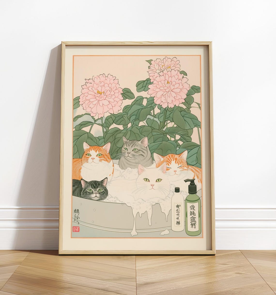 Japanese Ukiyoe Five Cats In Bubble Bath With Peonies Funny Art Poster