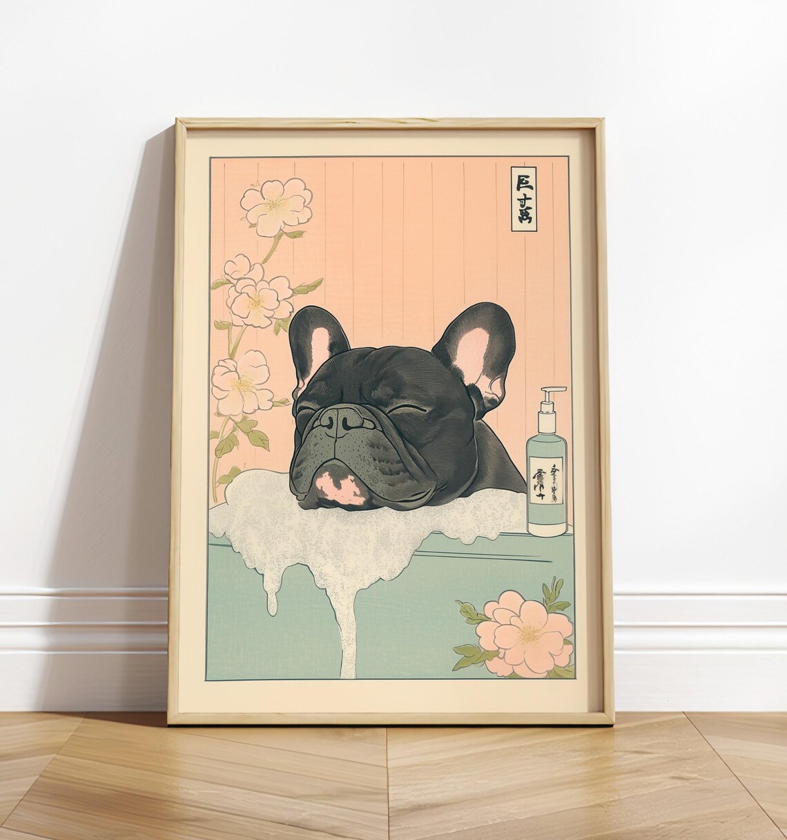 Black French Bulldog Bathroom Art Print, Japandi Ukiyoe