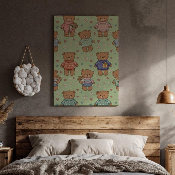 Teddy Bear Canvas Wall Art Cute Nursery Print With Flowers And Gifts Pastel Animal Pattern For Baby Room Sweet Gift Kids Decor