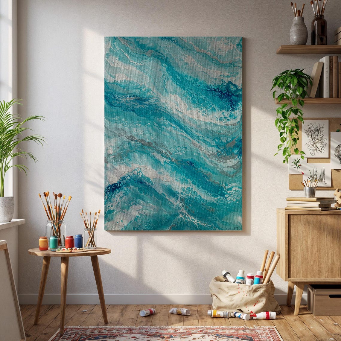 Turquoise Blue Ocean Wave Swirl Modern Abstract Fluid Art Print