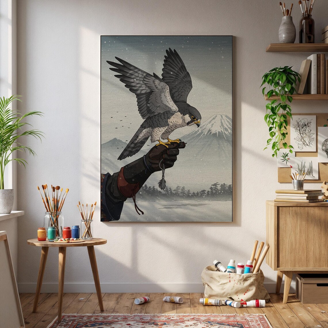 Peregrine Falcon On Falconer Glove Mount Fuji Japanese Art Poster