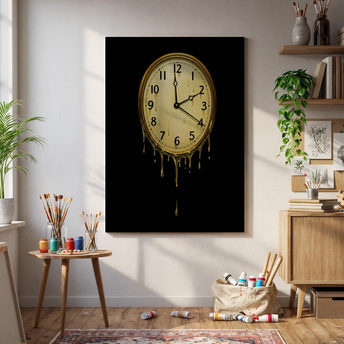 Melting Gold Clock on Black Background Surreal Time Art Poster