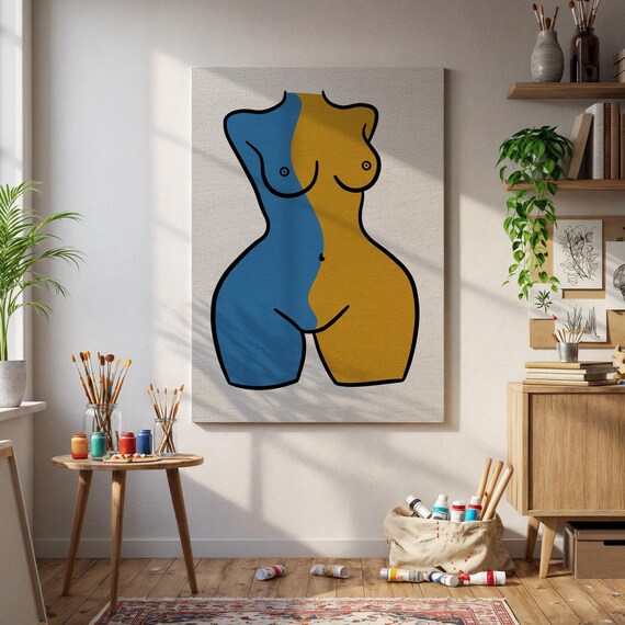 Blue And Mustard Abstract Female Torso Body Positive Canvas Print