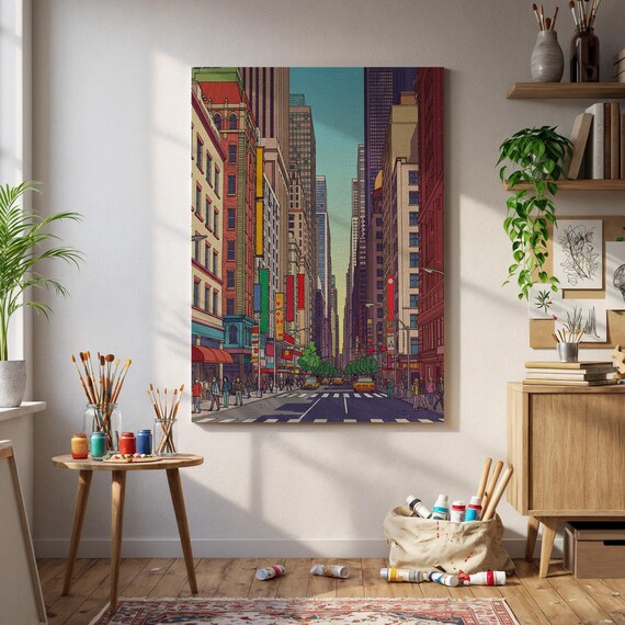 Vibrant City Street Art Print Modern Urban Skyline Poster Colorful Downtown Wall Decor Pop Cityscape Canvas For Loft Interiors Home