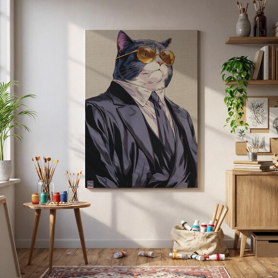 Framed Cool Cat Canvas Wall Art In Suit And Glasses Funny Animal Portrait Whimsical Decor For Office Bedroom Or Pet Lover Gift
