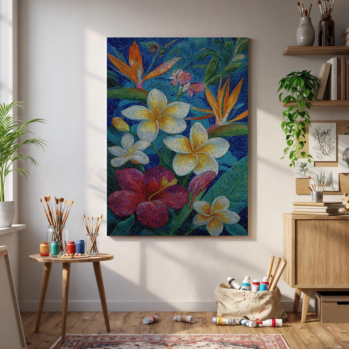 Tropical Plumeria Hibiscus Botanical Mosaic Flower Art Poster
