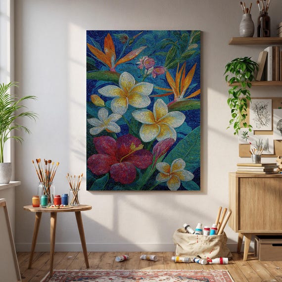 Tropical Botanical Flower Art Print Bright Exotic Plumeria Hibiscus Wall Decor With Vibrant Blue Background For Jungle Home