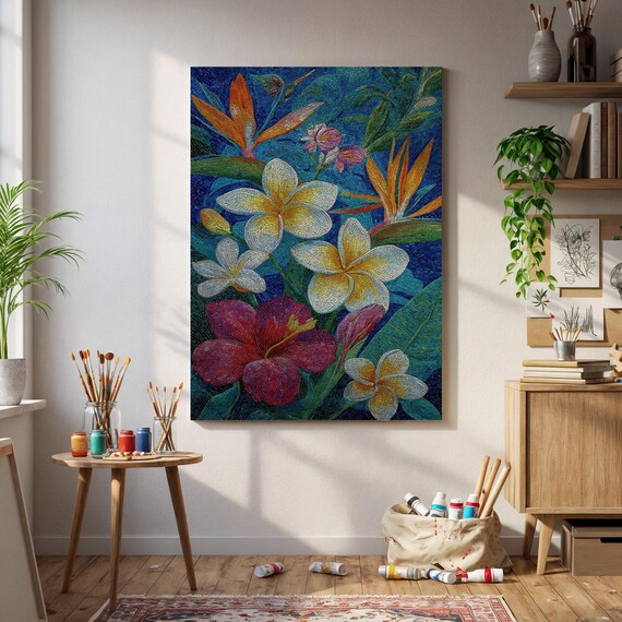Tropical Plumeria Hibiscus Botanical Mosaic Flower Art Poster