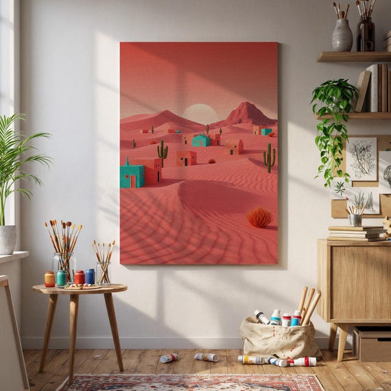 Minimalist Desert Village Art Print Surreal Sunset Landscape With Colorful Huts And Cacti Boho Southwest Wall Canvas
