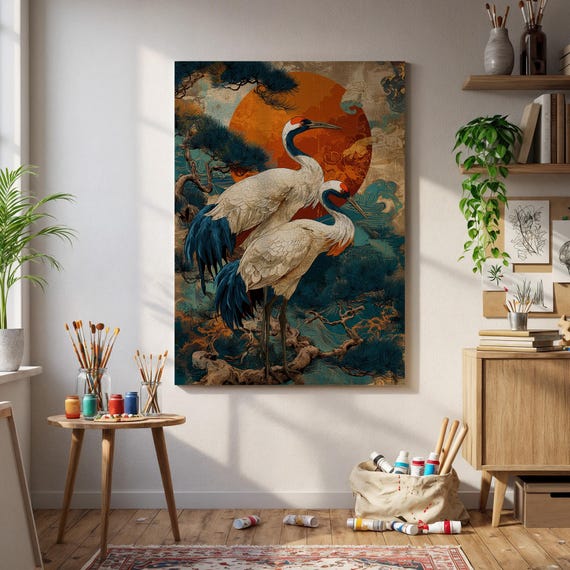 Cranes Wall Art Japanese Style Print With Sunset And Pine Trees Elegant Bird Decor For Zen Boho Or Asian Inspired Interiors